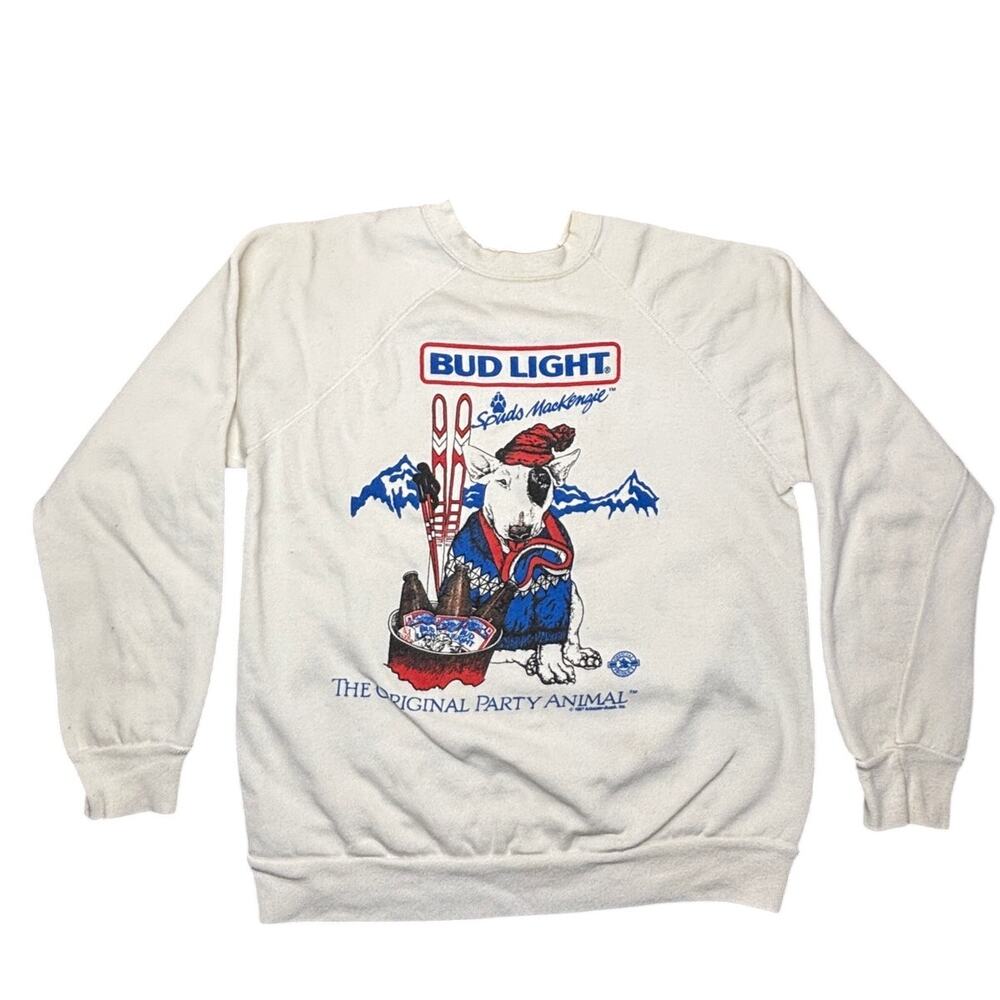 Vintage Bud Light Spuds MacKenzie Sweatshirt Large White Skiing Party USA 80s